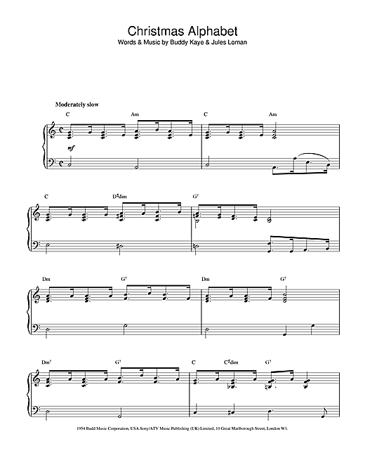 Preview Buddy Kaye Christmas Alphabet Children sheet music, notes and chords for Piano, SKU: 31951 sheet music, piano notes, chords, guitar tabs, score, transpose, transcribe, how to play, guide, download, learn, tutorial, progression, song, artist, awards, billboard, mtv, vh1, tour, single, album, release