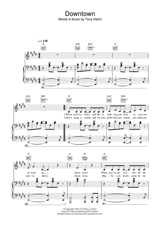 Preview Petula Clark Downtown Pop sheet music, notes and chords for Piano, Vocal & Guitar, SKU: 31952 sheet music, piano notes, chords, guitar tabs, score, transpose, transcribe, how to play, guide, download, learn, tutorial, progression, song, artist, awards, billboard, mtv, vh1, tour, single, album, release