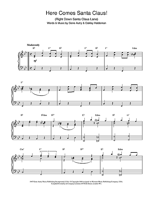 Preview Gene Autry Here Comes Santa Claus (Right Down Santa Claus Lane) Christmas sheet music, notes and chords for Piano, SKU: 31954 sheet music, piano notes, chords, guitar tabs, score, transpose, transcribe, how to play, guide, download, learn, tutorial, progression, song, artist, awards, billboard, mtv, vh1, tour, single, album, release