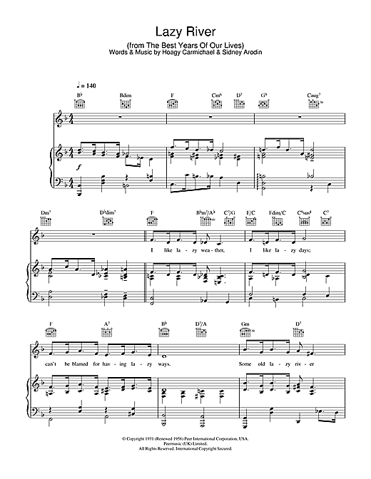 Preview Bobby Darin Lazy River Swing sheet music, notes and chords for Piano, Vocal & Guitar (Right-Hand Melody), SKU: 31957 sheet music, piano notes, chords, guitar tabs, score, transpose, transcribe, how to play, guide, download, learn, tutorial, progression, song, artist, awards, billboard, mtv, vh1, tour, single, album, release