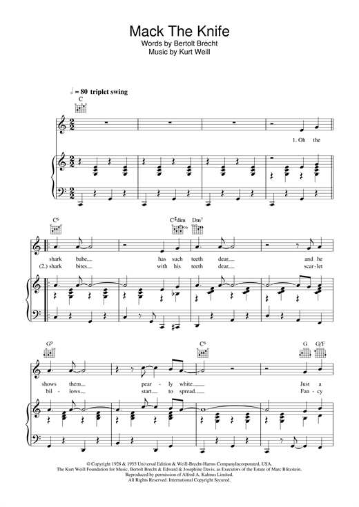 Preview Bobby Darin Mack The Knife Swing sheet music, notes and chords for Piano, Vocal & Guitar (Right-Hand Melody), SKU: 31958 sheet music, piano notes, chords, guitar tabs, score, transpose, transcribe, how to play, guide, download, learn, tutorial, progression, song, artist, awards, billboard, mtv, vh1, tour, single, album, release