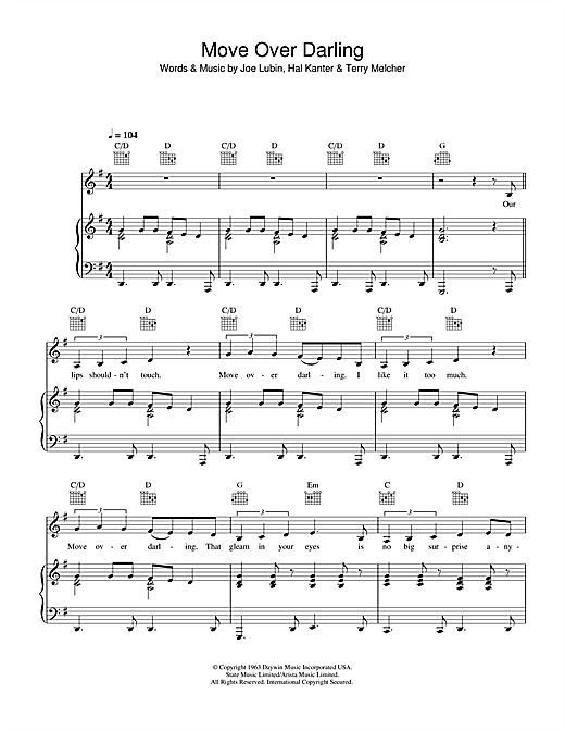 Preview Doris Day Move Over Darling Easy Listening sheet music, notes and chords for Piano, Vocal & Guitar, SKU: 31959 sheet music, piano notes, chords, guitar tabs, score, transpose, transcribe, how to play, guide, download, learn, tutorial, progression, song, artist, awards, billboard, mtv, vh1, tour, single, album, release