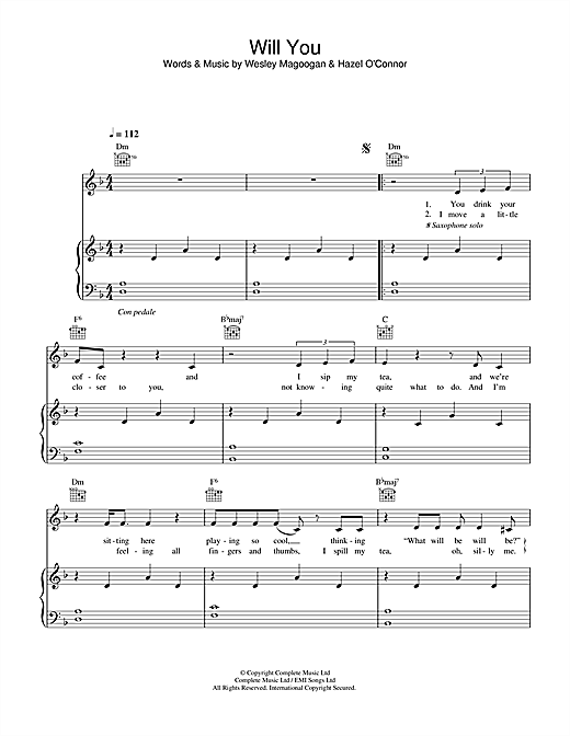 Preview Hazel O'Connor Will You Pop sheet music, notes and chords for Piano, Vocal & Guitar, SKU: 31965 sheet music, piano notes, chords, guitar tabs, score, transpose, transcribe, how to play, guide, download, learn, tutorial, progression, song, artist, awards, billboard, mtv, vh1, tour, single, album, release