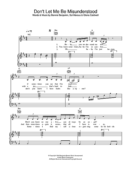 Preview Nina Simone Don't Let Me Be Misunderstood Jazz sheet music, notes and chords for Piano, Vocal & Guitar, SKU: 31966 sheet music, piano notes, chords, guitar tabs, score, transpose, transcribe, how to play, guide, download, learn, tutorial, progression, song, artist, awards, billboard, mtv, vh1, tour, single, album, release