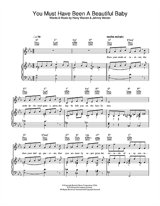 Preview Bobby Darin You Must Have Been A Beautiful Baby Swing sheet music, notes and chords for Piano, Vocal & Guitar (Right-Hand Melody), SKU: 31970 sheet music, piano notes, chords, guitar tabs, score, transpose, transcribe, how to play, guide, download, learn, tutorial, progression, song, artist, awards, billboard, mtv, vh1, tour, single, album, release