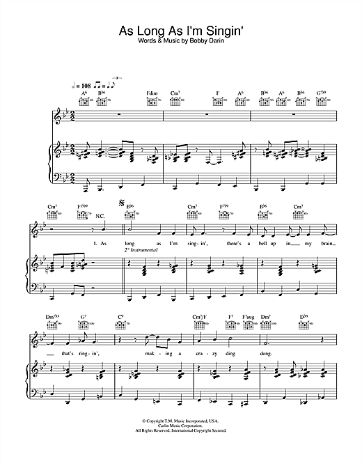Preview Bobby Darin As Long As I'm Singing Swing sheet music, notes and chords for Piano, Vocal & Guitar, SKU: 31971 sheet music, piano notes, chords, guitar tabs, score, transpose, transcribe, how to play, guide, download, learn, tutorial, progression, song, artist, awards, billboard, mtv, vh1, tour, single, album, release
