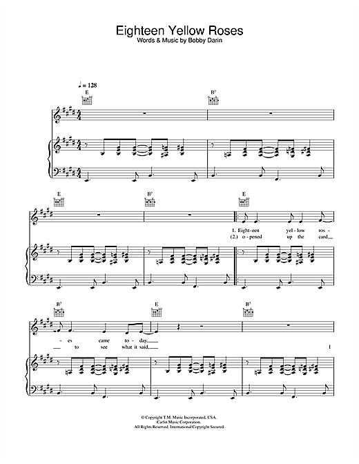 Preview Bobby Darin Eighteen Yellow Roses Swing sheet music, notes and chords for Piano, Vocal & Guitar, SKU: 31972 sheet music, piano notes, chords, guitar tabs, score, transpose, transcribe, how to play, guide, download, learn, tutorial, progression, song, artist, awards, billboard, mtv, vh1, tour, single, album, release