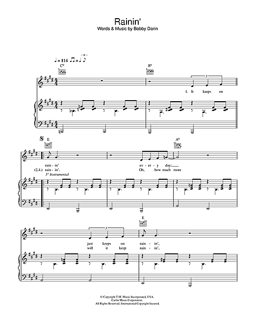 Preview Bobby Darin Rainin' Swing sheet music, notes and chords for Piano, Vocal & Guitar, SKU: 31973 sheet music, piano notes, chords, guitar tabs, score, transpose, transcribe, how to play, guide, download, learn, tutorial, progression, song, artist, awards, billboard, mtv, vh1, tour, single, album, release