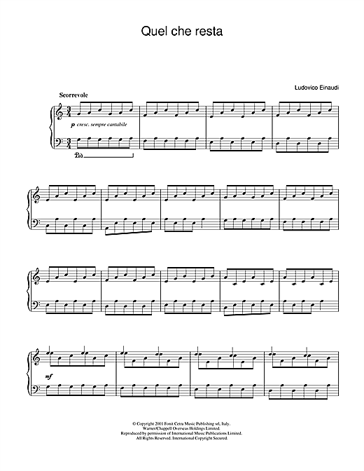 Preview Ludovico Einaudi Quel Che Resta Classical sheet music, notes and chords for Piano, SKU: 31979 sheet music, piano notes, chords, guitar tabs, score, transpose, transcribe, how to play, guide, download, learn, tutorial, progression, song, artist, awards, billboard, mtv, vh1, tour, single, album, release