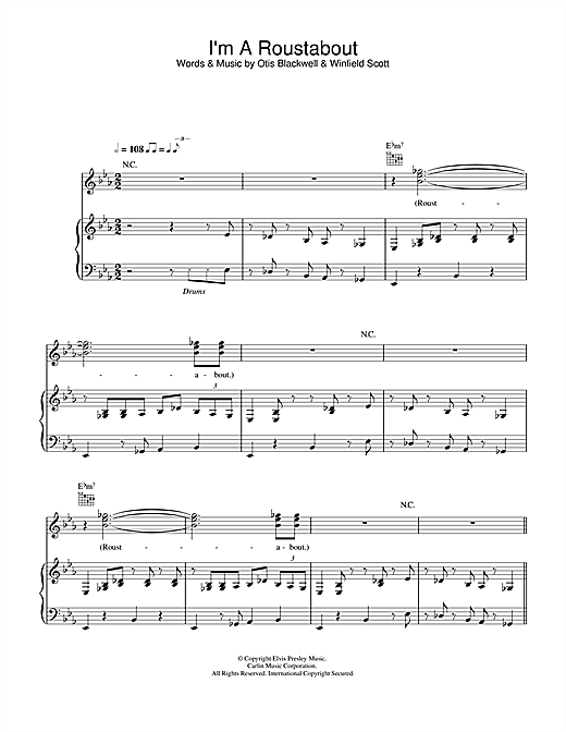Preview Elvis Presley I'm A Roustabout Rock N Roll sheet music, notes and chords for Piano, Vocal & Guitar, SKU: 31984 sheet music, piano notes, chords, guitar tabs, score, transpose, transcribe, how to play, guide, download, learn, tutorial, progression, song, artist, awards, billboard, mtv, vh1, tour, single, album, release