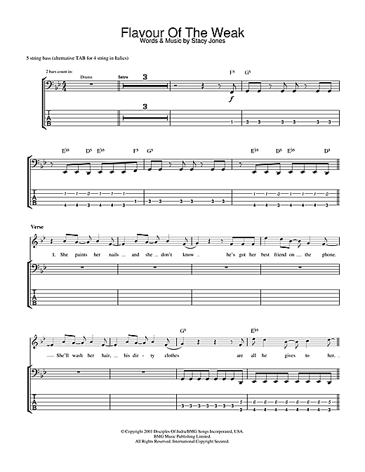 Preview American Hi-Fi Flavor Of The Weak Rock sheet music, notes and chords for Bass Guitar Tab, SKU: 31987 sheet music, piano notes, chords, guitar tabs, score, transpose, transcribe, how to play, guide, download, learn, tutorial, progression, song, artist, awards, billboard, mtv, vh1, tour, single, album, release