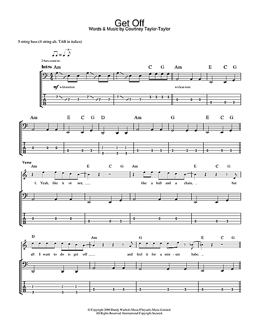 Preview The Dandy Warhols Get Off Rock sheet music, notes and chords for Bass Guitar Tab, SKU: 31988 sheet music, piano notes, chords, guitar tabs, score, transpose, transcribe, how to play, guide, download, learn, tutorial, progression, song, artist, awards, billboard, mtv, vh1, tour, single, album, release
