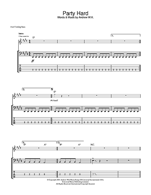 Preview Andrew W.K. Party Hard Rock sheet music, notes and chords for Bass Guitar Tab, SKU: 31990 sheet music, piano notes, chords, guitar tabs, score, transpose, transcribe, how to play, guide, download, learn, tutorial, progression, song, artist, awards, billboard, mtv, vh1, tour, single, album, release