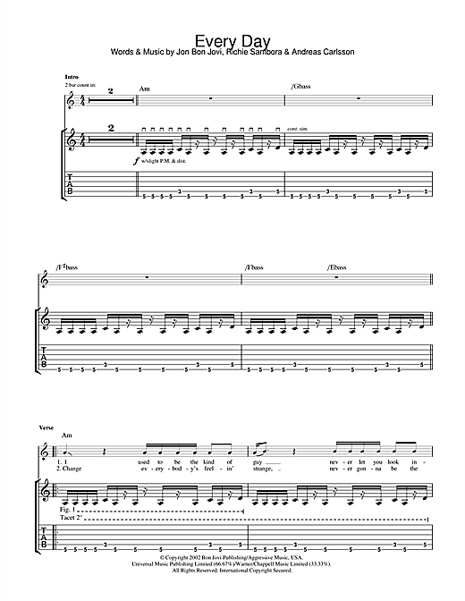 Preview Bon Jovi Everyday Rock sheet music, notes and chords for Guitar Tab, SKU: 31995 sheet music, piano notes, chords, guitar tabs, score, transpose, transcribe, how to play, guide, download, learn, tutorial, progression, song, artist, awards, billboard, mtv, vh1, tour, single, album, release