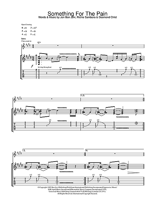 Preview Bon Jovi Something For The Pain Rock sheet music, notes and chords for Guitar Tab, SKU: 31999 sheet music, piano notes, chords, guitar tabs, score, transpose, transcribe, how to play, guide, download, learn, tutorial, progression, song, artist, awards, billboard, mtv, vh1, tour, single, album, release