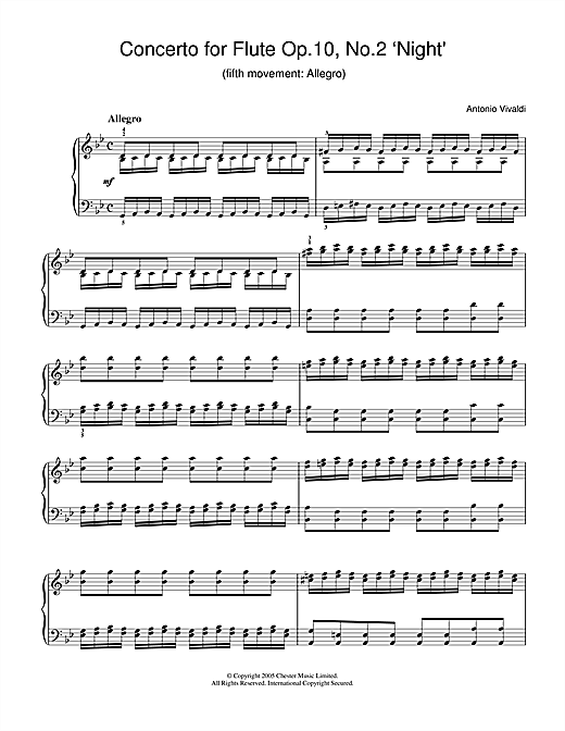 Preview Antonio Vivaldi Concerto for Flute Op.10, No.2 ‘Night' (5th Movement: Allegro) Classical sheet music, notes and chords for Piano, SKU: 32001 sheet music, piano notes, chords, guitar tabs, score, transpose, transcribe, how to play, guide, download, learn, tutorial, progression, song, artist, awards, billboard, mtv, vh1, tour, single, album, release