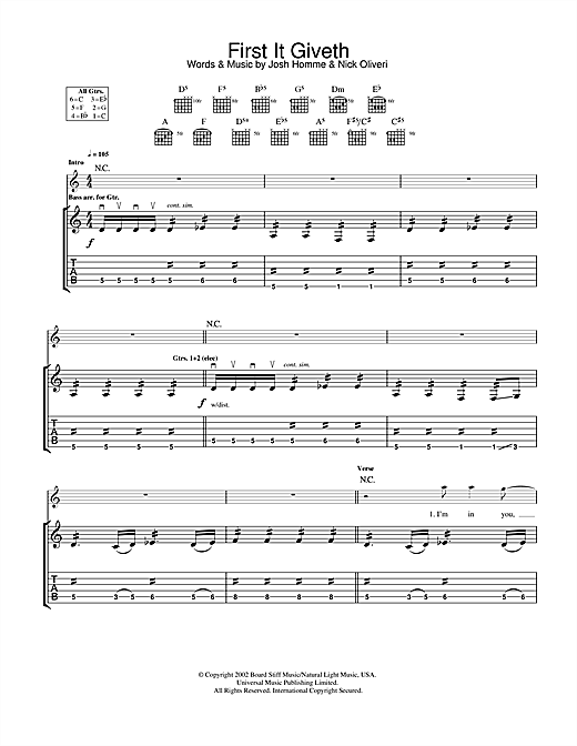 Preview Queens Of The Stone Age First It Giveth Metal sheet music, notes and chords for Guitar Tab, SKU: 32002 sheet music, piano notes, chords, guitar tabs, score, transpose, transcribe, how to play, guide, download, learn, tutorial, progression, song, artist, awards, billboard, mtv, vh1, tour, single, album, release