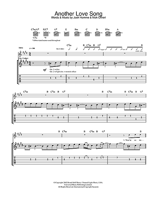 Preview Queens Of The Stone Age Another Love Song Metal sheet music, notes and chords for Guitar Tab, SKU: 32006 sheet music, piano notes, chords, guitar tabs, score, transpose, transcribe, how to play, guide, download, learn, tutorial, progression, song, artist, awards, billboard, mtv, vh1, tour, single, album, release