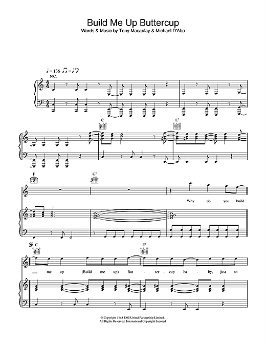 Preview The Foundations Build Me Up Buttercup Pop sheet music, notes and chords for Piano, Vocal & Guitar (Right-Hand Melody), SKU: 32007 sheet music, piano notes, chords, guitar tabs, score, transpose, transcribe, how to play, guide, download, learn, tutorial, progression, song, artist, awards, billboard, mtv, vh1, tour, single, album, release