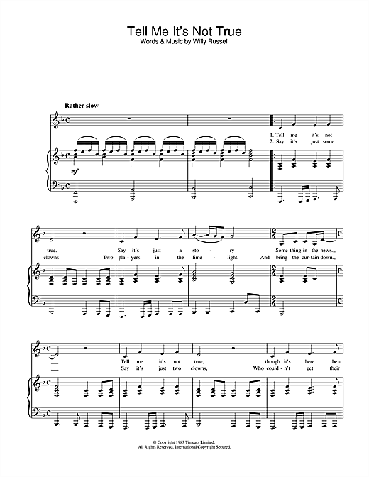 Preview Willy Russell Tell Me It's Not True (from Blood Brothers) Musicals sheet music, notes and chords for Piano & Vocal, SKU: 32008 sheet music, piano notes, chords, guitar tabs, score, transpose, transcribe, how to play, guide, download, learn, tutorial, progression, song, artist, awards, billboard, mtv, vh1, tour, single, album, release