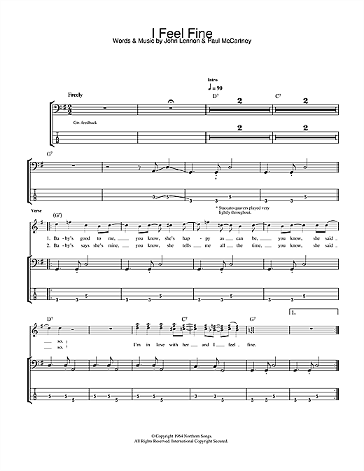Preview The Beatles I Feel Fine Pop sheet music, notes and chords for Bass Guitar Tab, SKU: 32016 sheet music, piano notes, chords, guitar tabs, score, transpose, transcribe, how to play, guide, download, learn, tutorial, progression, song, artist, awards, billboard, mtv, vh1, tour, single, album, release
