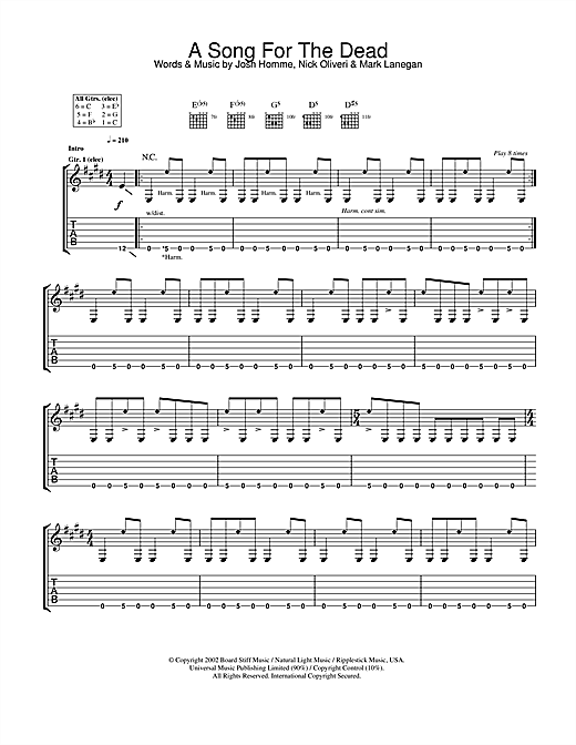 Preview Queens Of The Stone Age A Song For The Dead Metal sheet music, notes and chords for Guitar Tab, SKU: 32021 sheet music, piano notes, chords, guitar tabs, score, transpose, transcribe, how to play, guide, download, learn, tutorial, progression, song, artist, awards, billboard, mtv, vh1, tour, single, album, release