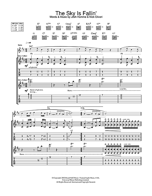 Preview Queens Of The Stone Age The Sky Is Fallin' Metal sheet music, notes and chords for Guitar Tab, SKU: 32022 sheet music, piano notes, chords, guitar tabs, score, transpose, transcribe, how to play, guide, download, learn, tutorial, progression, song, artist, awards, billboard, mtv, vh1, tour, single, album, release
