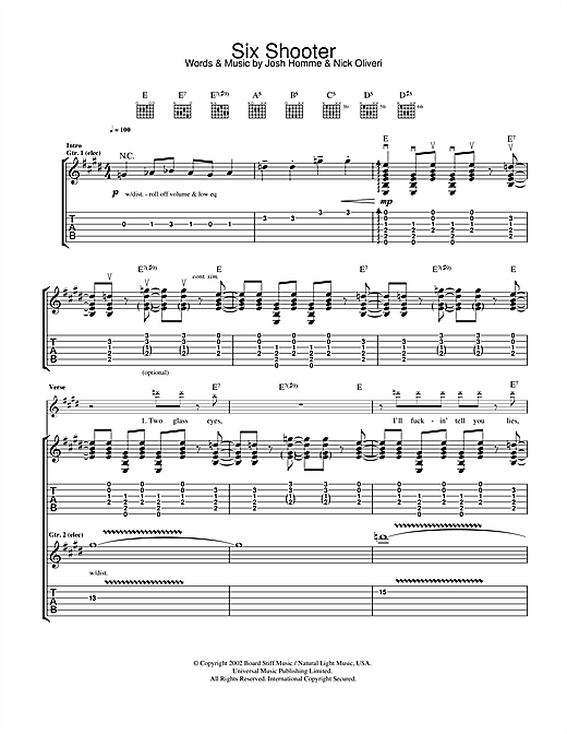 Preview Queens Of The Stone Age Six Shooter Metal sheet music, notes and chords for Guitar Tab, SKU: 32023 sheet music, piano notes, chords, guitar tabs, score, transpose, transcribe, how to play, guide, download, learn, tutorial, progression, song, artist, awards, billboard, mtv, vh1, tour, single, album, release