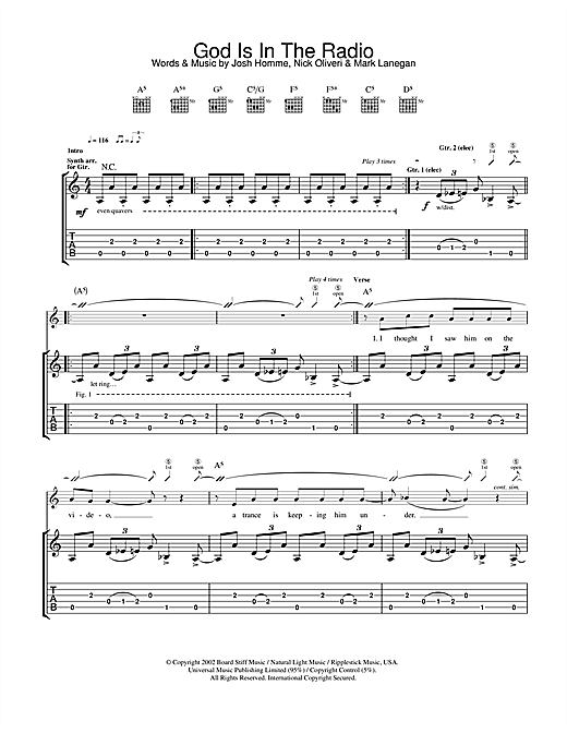 Preview Queens Of The Stone Age God Is In The Radio Metal sheet music, notes and chords for Guitar Tab, SKU: 32026 sheet music, piano notes, chords, guitar tabs, score, transpose, transcribe, how to play, guide, download, learn, tutorial, progression, song, artist, awards, billboard, mtv, vh1, tour, single, album, release