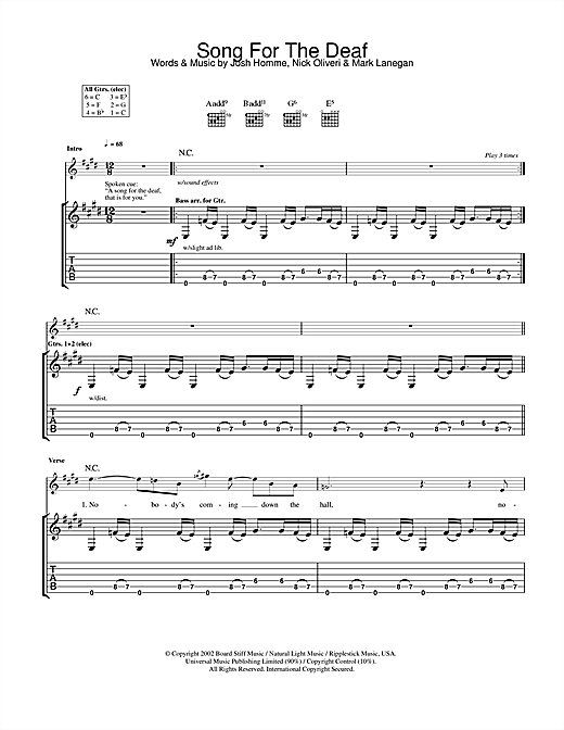 Preview Queens Of The Stone Age A Song For The Deaf Metal sheet music, notes and chords for Guitar Tab, SKU: 32027 sheet music, piano notes, chords, guitar tabs, score, transpose, transcribe, how to play, guide, download, learn, tutorial, progression, song, artist, awards, billboard, mtv, vh1, tour, single, album, release