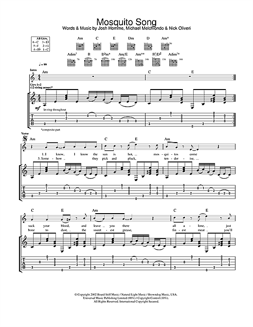 Preview Queens Of The Stone Age Mosquito Song Metal sheet music, notes and chords for Guitar Tab, SKU: 32028 sheet music, piano notes, chords, guitar tabs, score, transpose, transcribe, how to play, guide, download, learn, tutorial, progression, song, artist, awards, billboard, mtv, vh1, tour, single, album, release