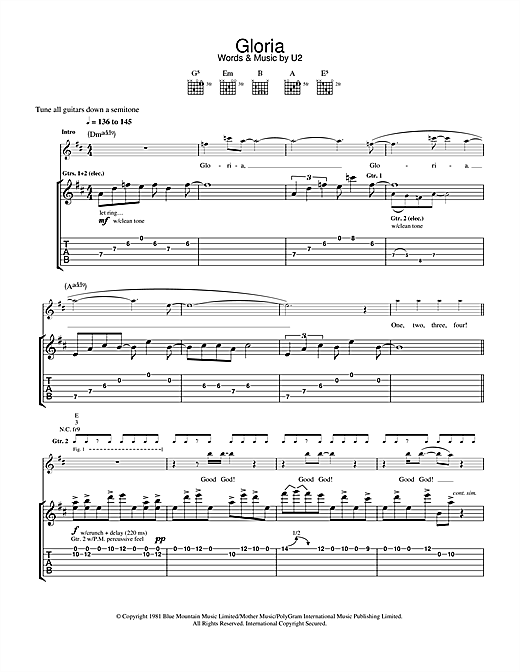Preview U2 Gloria Rock sheet music, notes and chords for Guitar Tab, SKU: 32029 sheet music, piano notes, chords, guitar tabs, score, transpose, transcribe, how to play, guide, download, learn, tutorial, progression, song, artist, awards, billboard, mtv, vh1, tour, single, album, release