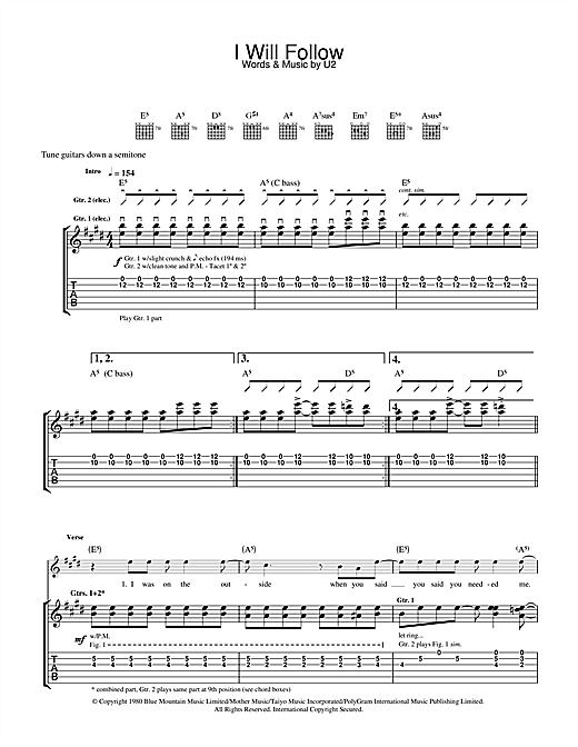 Preview U2 I Will Follow Rock sheet music, notes and chords for Guitar Tab, SKU: 32030 sheet music, piano notes, chords, guitar tabs, score, transpose, transcribe, how to play, guide, download, learn, tutorial, progression, song, artist, awards, billboard, mtv, vh1, tour, single, album, release