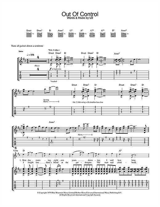Preview U2 Out Of Control Rock sheet music, notes and chords for Guitar Tab, SKU: 32031 sheet music, piano notes, chords, guitar tabs, score, transpose, transcribe, how to play, guide, download, learn, tutorial, progression, song, artist, awards, billboard, mtv, vh1, tour, single, album, release