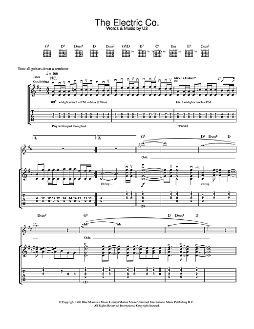 Preview U2 The Electric Co. Rock sheet music, notes and chords for Guitar Tab, SKU: 32032 sheet music, piano notes, chords, guitar tabs, score, transpose, transcribe, how to play, guide, download, learn, tutorial, progression, song, artist, awards, billboard, mtv, vh1, tour, single, album, release