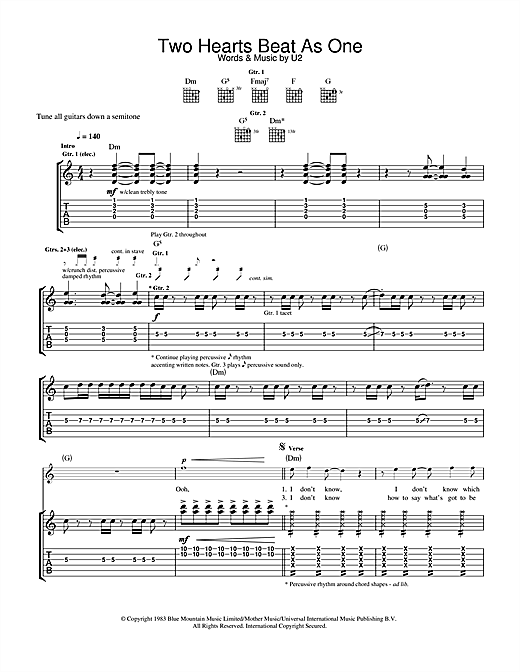 Preview U2 Two Hearts Beat As One Rock sheet music, notes and chords for Guitar Tab, SKU: 32033 sheet music, piano notes, chords, guitar tabs, score, transpose, transcribe, how to play, guide, download, learn, tutorial, progression, song, artist, awards, billboard, mtv, vh1, tour, single, album, release