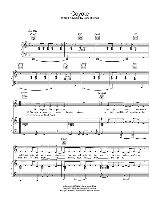 Preview Joni Mitchell Coyote Jazz sheet music, notes and chords for Piano, Vocal & Guitar (Right-Hand Melody), SKU: 32034 sheet music, piano notes, chords, guitar tabs, score, transpose, transcribe, how to play, guide, download, learn, tutorial, progression, song, artist, awards, billboard, mtv, vh1, tour, single, album, release