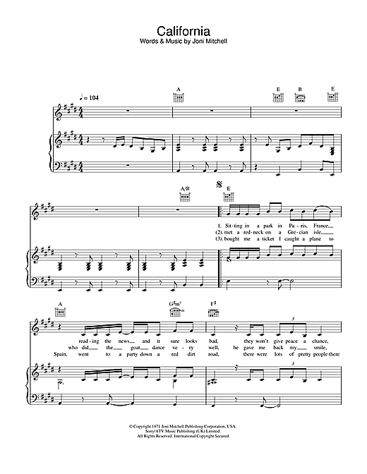 Preview Joni Mitchell California Jazz sheet music, notes and chords for Piano, Vocal & Guitar (Right-Hand Melody), SKU: 32035 sheet music, piano notes, chords, guitar tabs, score, transpose, transcribe, how to play, guide, download, learn, tutorial, progression, song, artist, awards, billboard, mtv, vh1, tour, single, album, release