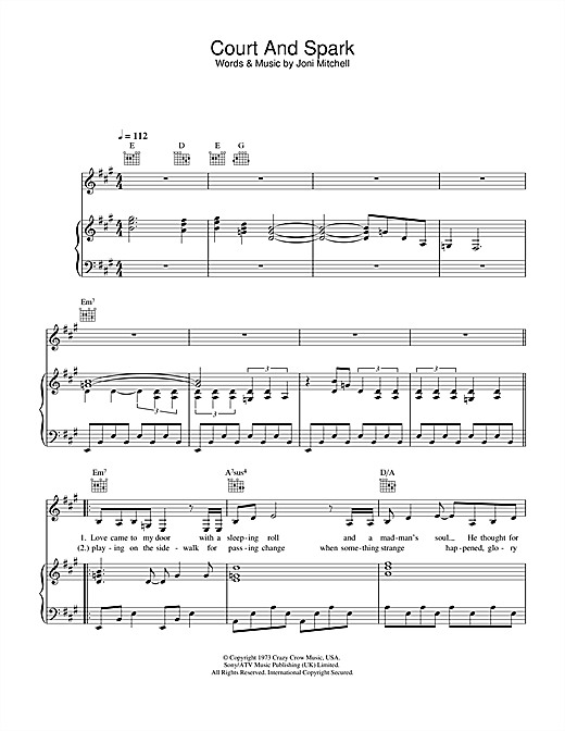 Preview Joni Mitchell Court And Spark Jazz sheet music, notes and chords for Piano, Vocal & Guitar, SKU: 32037 sheet music, piano notes, chords, guitar tabs, score, transpose, transcribe, how to play, guide, download, learn, tutorial, progression, song, artist, awards, billboard, mtv, vh1, tour, single, album, release