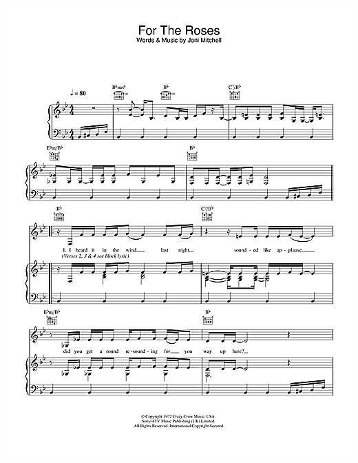 Preview Joni Mitchell For The Roses Jazz sheet music, notes and chords for Piano, Vocal & Guitar (Right-Hand Melody), SKU: 32038 sheet music, piano notes, chords, guitar tabs, score, transpose, transcribe, how to play, guide, download, learn, tutorial, progression, song, artist, awards, billboard, mtv, vh1, tour, single, album, release
