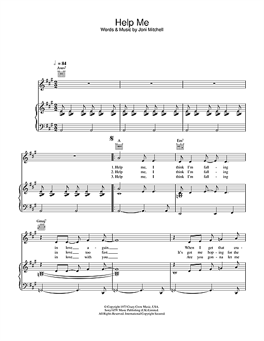 Preview Joni Mitchell Help Me Jazz sheet music, notes and chords for Piano, Vocal & Guitar (Right-Hand Melody), SKU: 32039 sheet music, piano notes, chords, guitar tabs, score, transpose, transcribe, how to play, guide, download, learn, tutorial, progression, song, artist, awards, billboard, mtv, vh1, tour, single, album, release