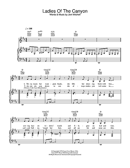 Preview Joni Mitchell Ladies Of The Canyon Jazz sheet music, notes and chords for Piano, Vocal & Guitar (Right-Hand Melody), SKU: 32041 sheet music, piano notes, chords, guitar tabs, score, transpose, transcribe, how to play, guide, download, learn, tutorial, progression, song, artist, awards, billboard, mtv, vh1, tour, single, album, release