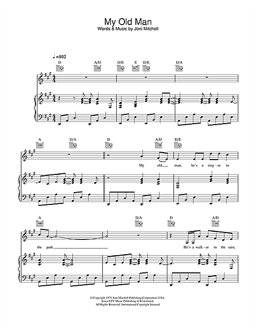Preview Joni Mitchell My Old Man Jazz sheet music, notes and chords for Piano, Vocal & Guitar, SKU: 32042 sheet music, piano notes, chords, guitar tabs, score, transpose, transcribe, how to play, guide, download, learn, tutorial, progression, song, artist, awards, billboard, mtv, vh1, tour, single, album, release