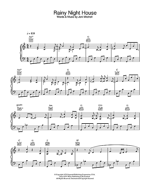 Preview Joni Mitchell Rainy Night House Jazz sheet music, notes and chords for Piano, Vocal & Guitar, SKU: 32043 sheet music, piano notes, chords, guitar tabs, score, transpose, transcribe, how to play, guide, download, learn, tutorial, progression, song, artist, awards, billboard, mtv, vh1, tour, single, album, release