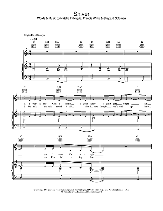 Preview Natalie Imbruglia Shiver Pop sheet music, notes and chords for Piano, Vocal & Guitar (Right-Hand Melody), SKU: 32056 sheet music, piano notes, chords, guitar tabs, score, transpose, transcribe, how to play, guide, download, learn, tutorial, progression, song, artist, awards, billboard, mtv, vh1, tour, single, album, release