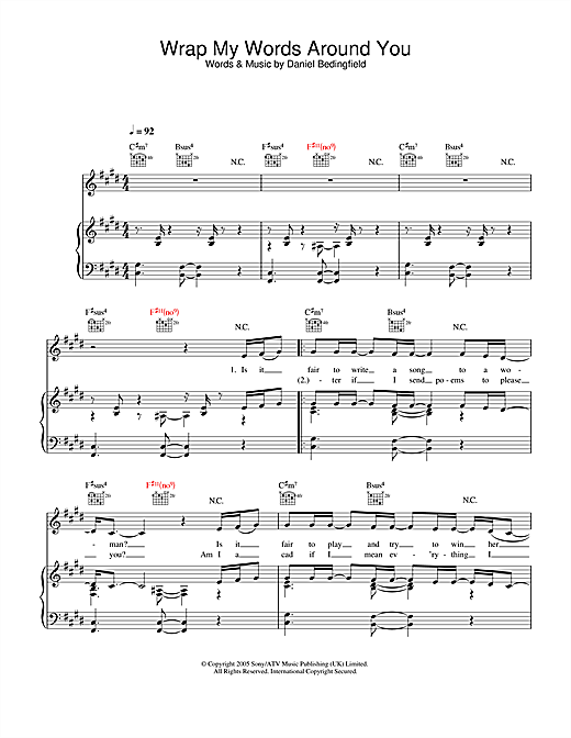 Preview Daniel Bedingfield Wrap My Words Around You Pop sheet music, notes and chords for Piano, Vocal & Guitar (Right-Hand Melody), SKU: 32061 sheet music, piano notes, chords, guitar tabs, score, transpose, transcribe, how to play, guide, download, learn, tutorial, progression, song, artist, awards, billboard, mtv, vh1, tour, single, album, release