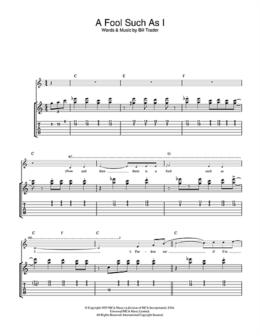 Preview Elvis Presley (Now And Then There's) A Fool Such As I Rock N Roll sheet music, notes and chords for Guitar Tab, SKU: 32066 sheet music, piano notes, chords, guitar tabs, score, transpose, transcribe, how to play, guide, download, learn, tutorial, progression, song, artist, awards, billboard, mtv, vh1, tour, single, album, release