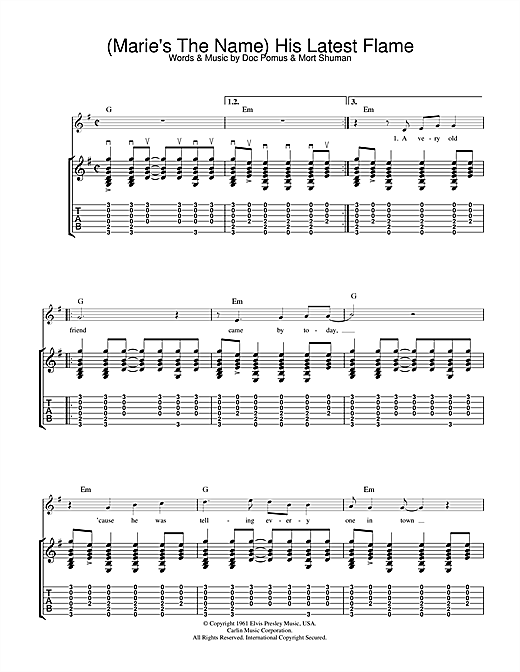 Preview Elvis Presley (Marie's The Name) His Latest Flame Rock N Roll sheet music, notes and chords for Guitar Tab, SKU: 32070 sheet music, piano notes, chords, guitar tabs, score, transpose, transcribe, how to play, guide, download, learn, tutorial, progression, song, artist, awards, billboard, mtv, vh1, tour, single, album, release
