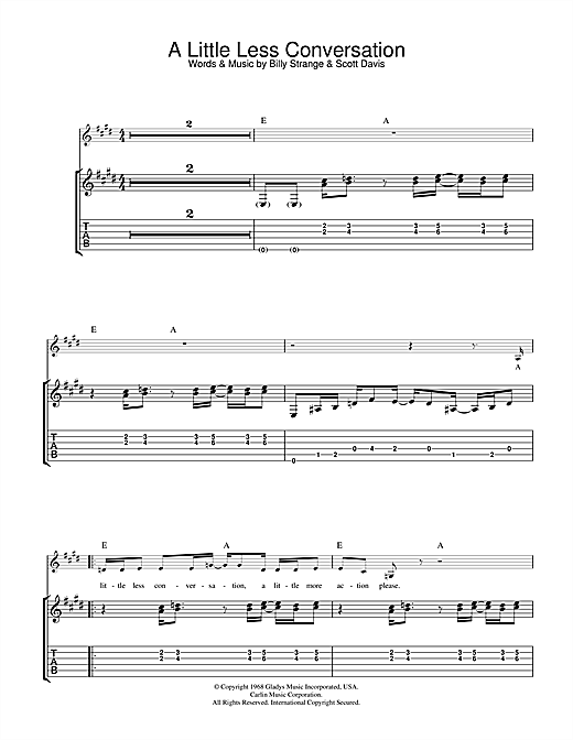 Preview Elvis Presley A Little Less Conversation Rock N Roll sheet music, notes and chords for Guitar Tab, SKU: 32071 sheet music, piano notes, chords, guitar tabs, score, transpose, transcribe, how to play, guide, download, learn, tutorial, progression, song, artist, awards, billboard, mtv, vh1, tour, single, album, release