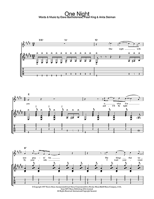 Preview Elvis Presley One Night Rock N Roll sheet music, notes and chords for Guitar Tab, SKU: 32072 sheet music, piano notes, chords, guitar tabs, score, transpose, transcribe, how to play, guide, download, learn, tutorial, progression, song, artist, awards, billboard, mtv, vh1, tour, single, album, release